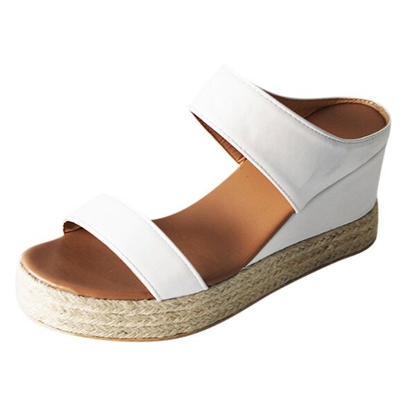 Women Wedge Sandals Shoes Beach Casual Toe Slip-On Summer Open Straw Wedges NEW - Picture 2 of 4